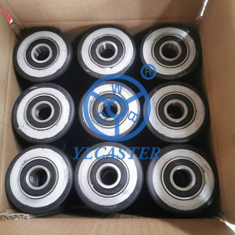 Black iron polyurethane pallet truck wheels with ball bearings in carton -YLcaster