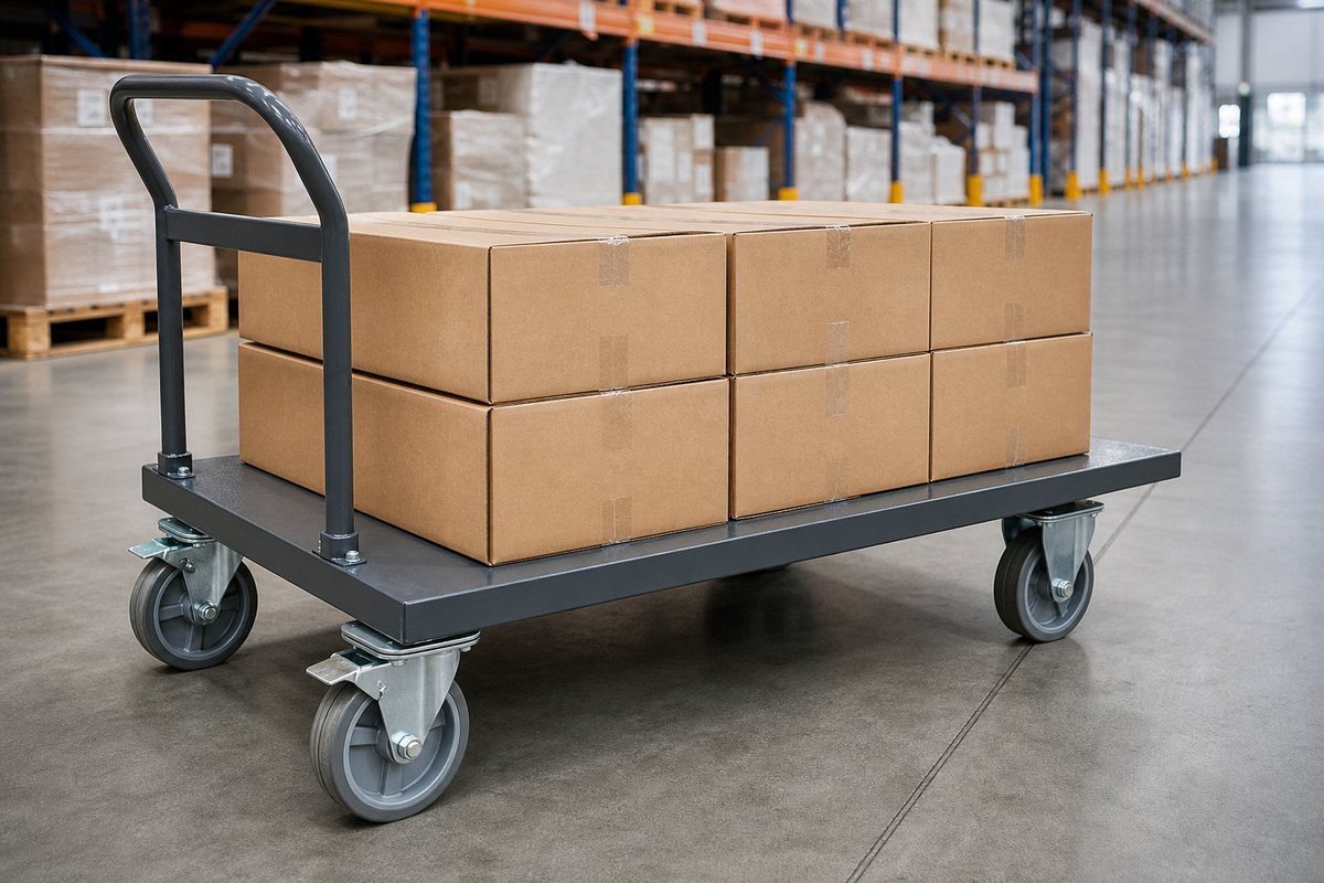 Industrial platform trolley with correctly mounted caster wheels in a warehouse
