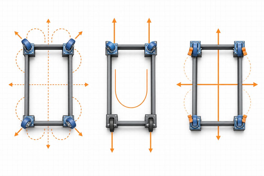 Top view comparison of four swivel and swivel rigid caster layouts