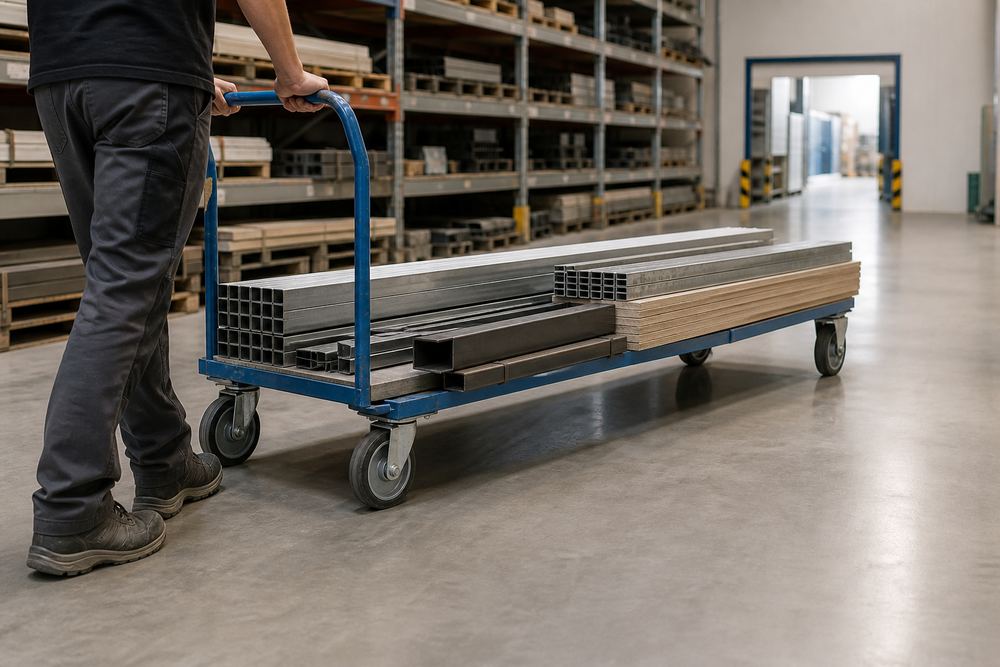 Long industrial trolley using swivel and rigid casters in a warehouse aisle