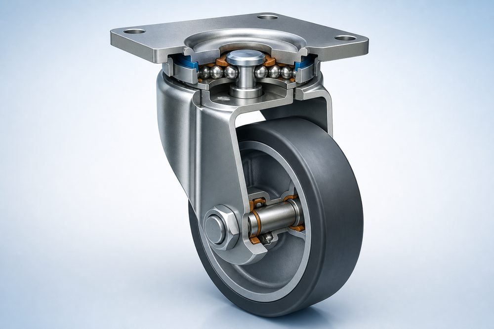 Conceptual cutaway view of wheel bearing axle swivel race and caster offset
