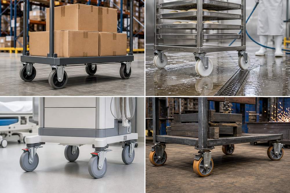Industrial casters used in warehouse food medical and fabrication equipment
