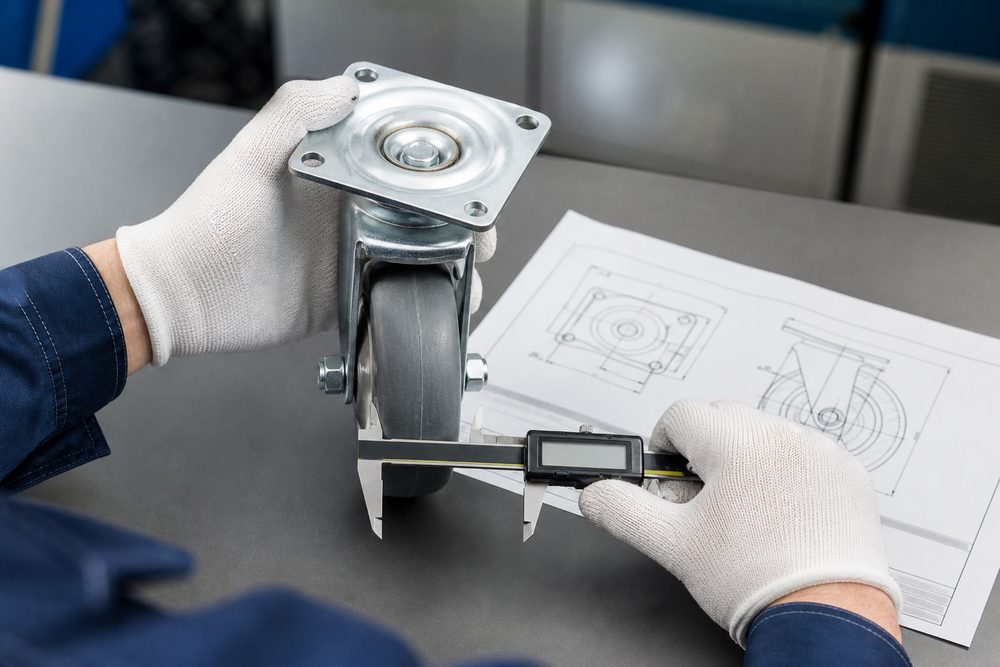 Engineer measuring caster wheel and top plate dimensions