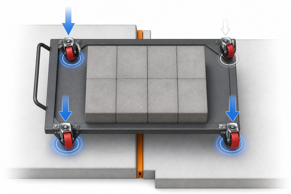 Heavy duty cart four-caster load distribution over an uneven floor joint